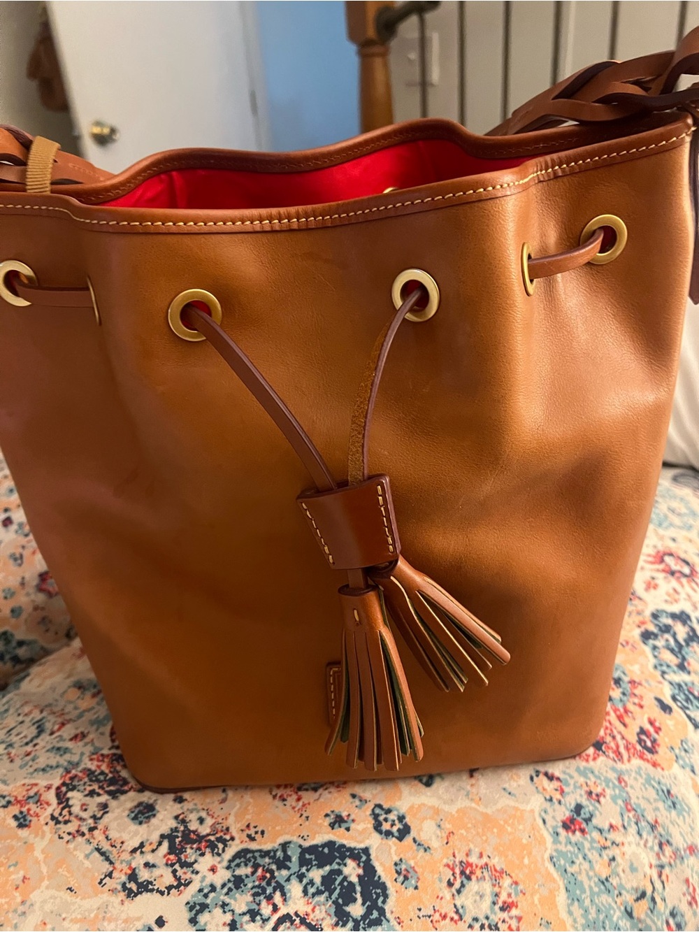 Dooney & Bourke Tasha Leather Drawstring Bucket Bag with Red Interior